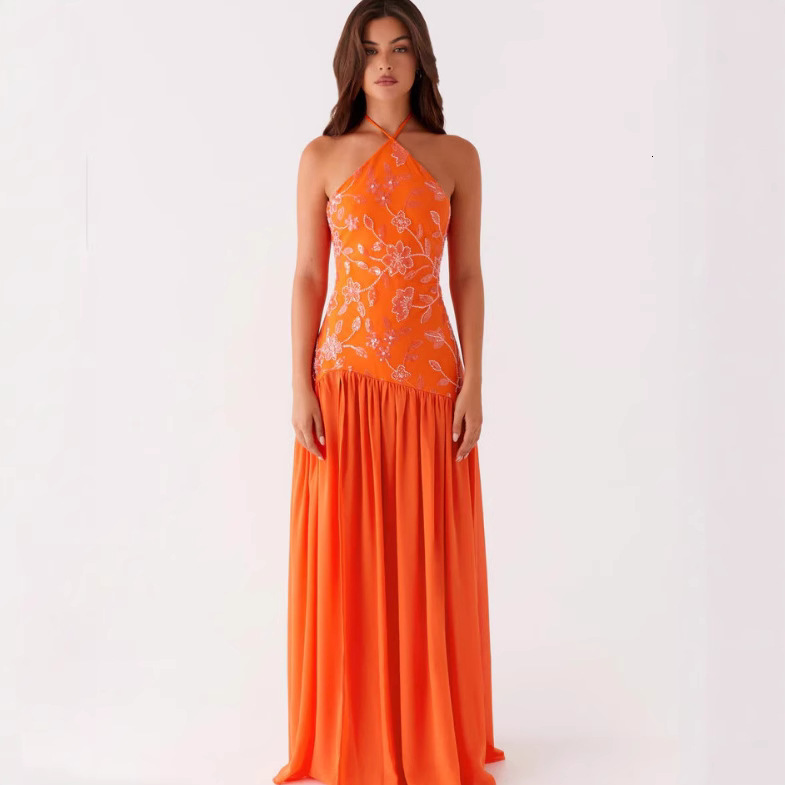 2025 New Cross-Border Women's Clothing Beaded Sequin Chiffon Patchwork Halter Neck Split Sexy Slim Dress