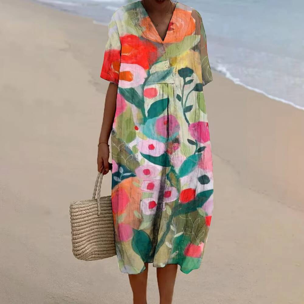 A-line Casual Daily linen womens luxury print Cotton Short Sleeve V Neck Bohe Mini Dresses Loose Fit Beach hawaiian dress dongdumaoyi
