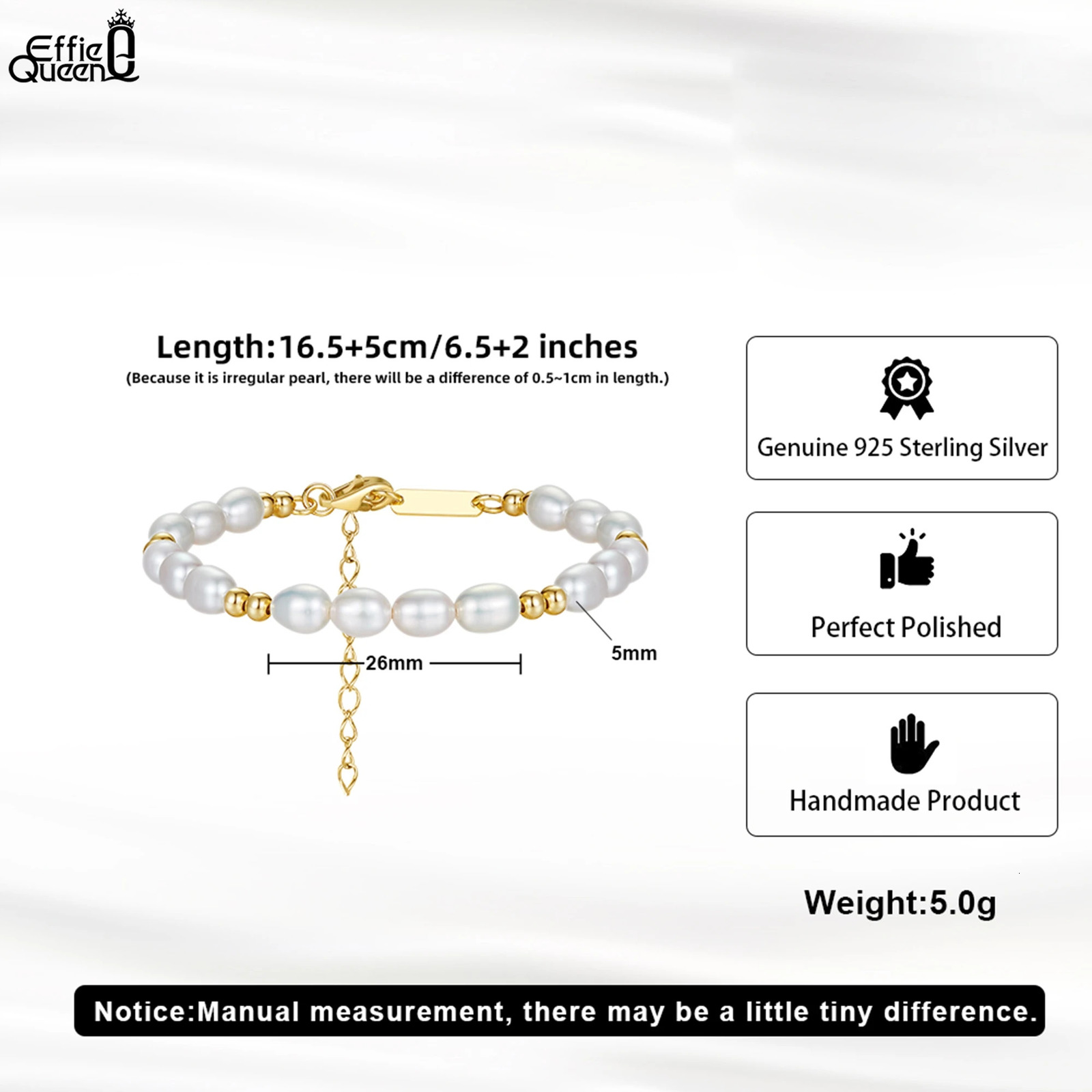EFFIE QUEEN 14K Gold Beads Chain Bracelet 925 Sterling Silver Cultured freshwater Pearl Bracelet Wedding Jewelry for Women GPB36 250712