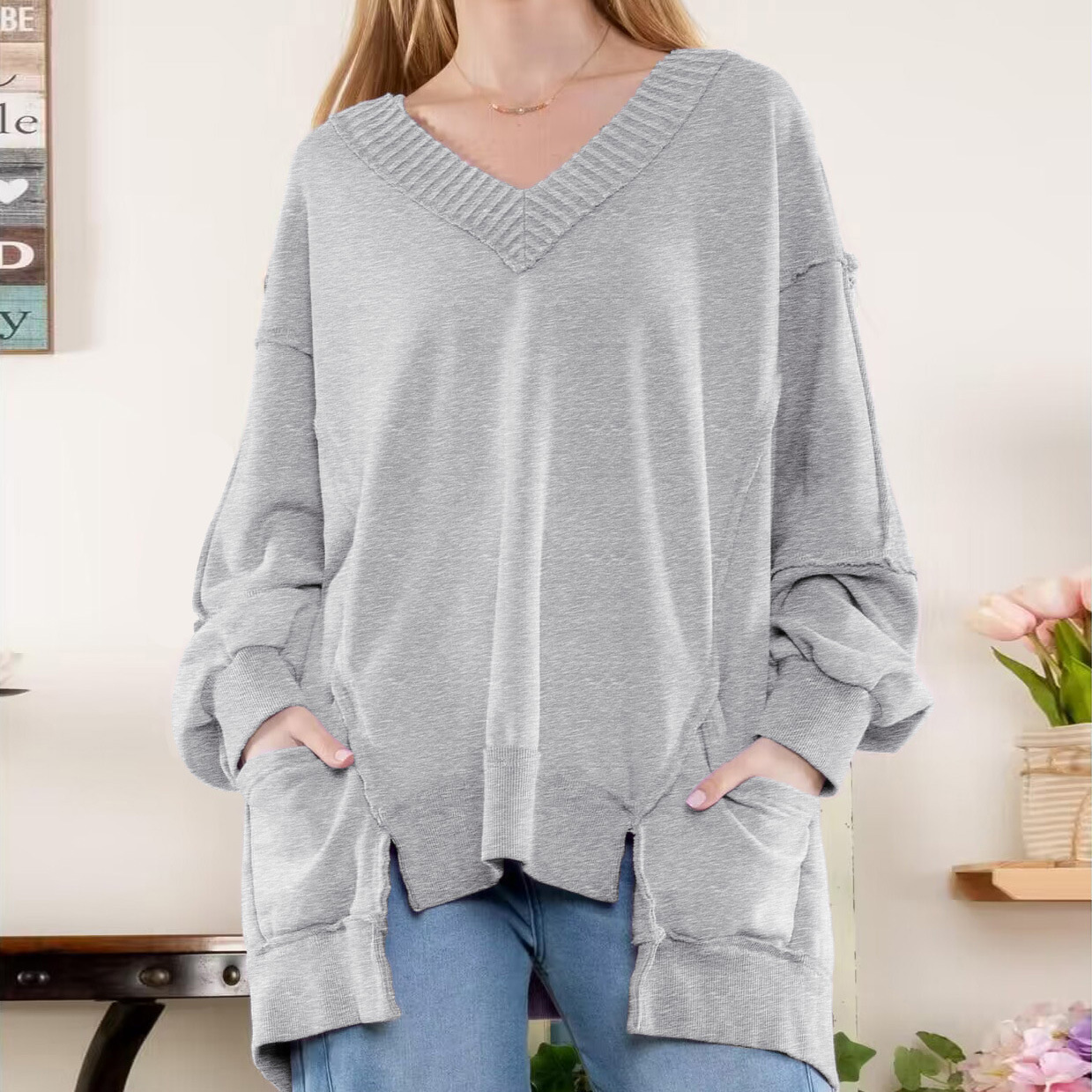hot Free shipping designer hoodie for women Lantern sleeves loose V neck irregular hem design long sleeved hoodie