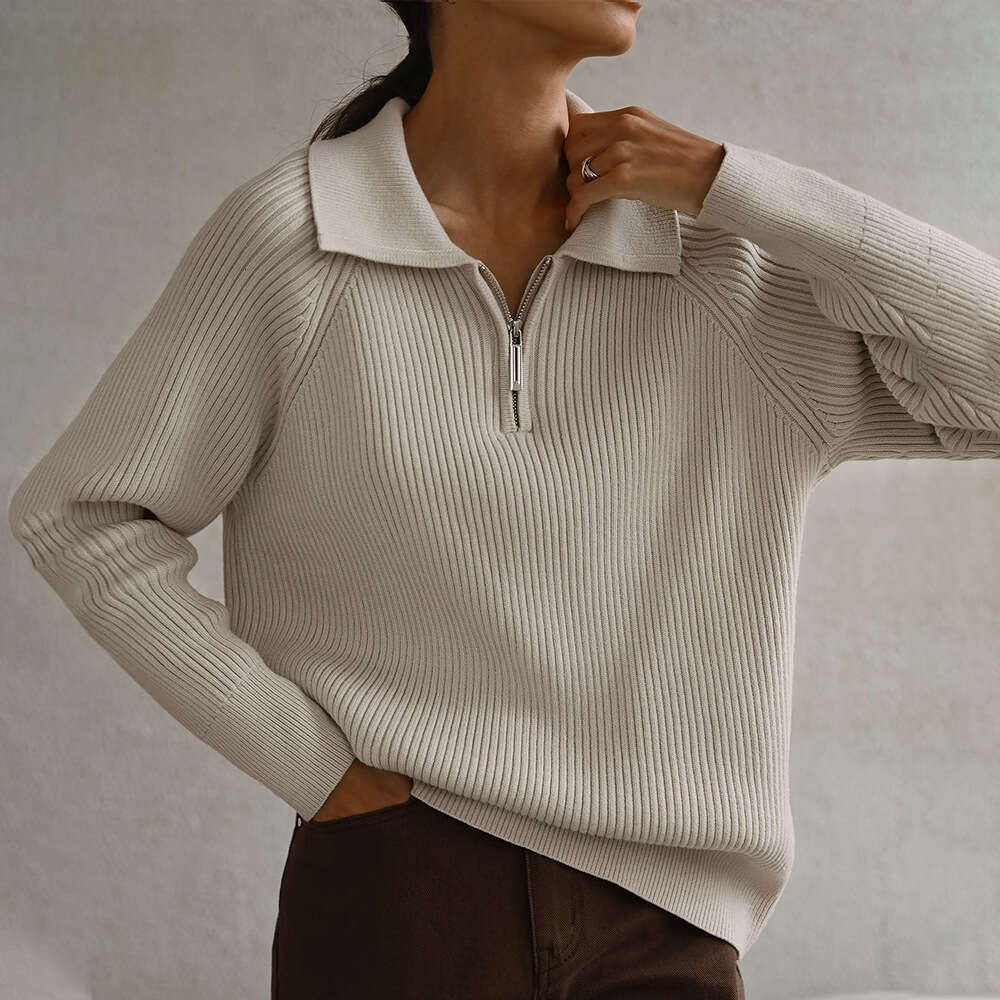 Autumn Winter Trendy Versatile Simple Casual Polo Turn-Down Collar Pullover Knitted Sweater B5