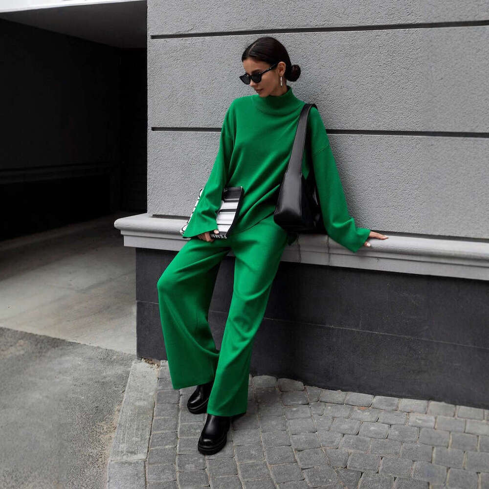 Half Turtleneck Ins Irregular Slanted Sweater + Knitted Wide-Leg Pants Two-Piece Set B5