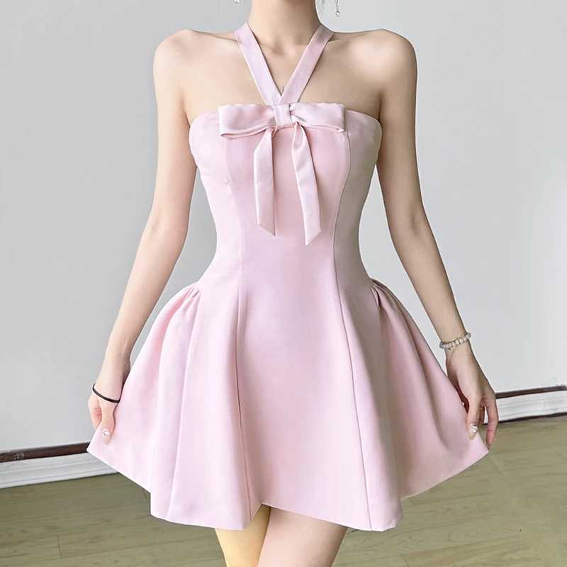 1M Hot Bow Halter-Neck A-Line Dress Pink Coquette Aesthetic Puffy Mini Dresses for Party Evening Holiday Outfits Sexy Robe New R250716