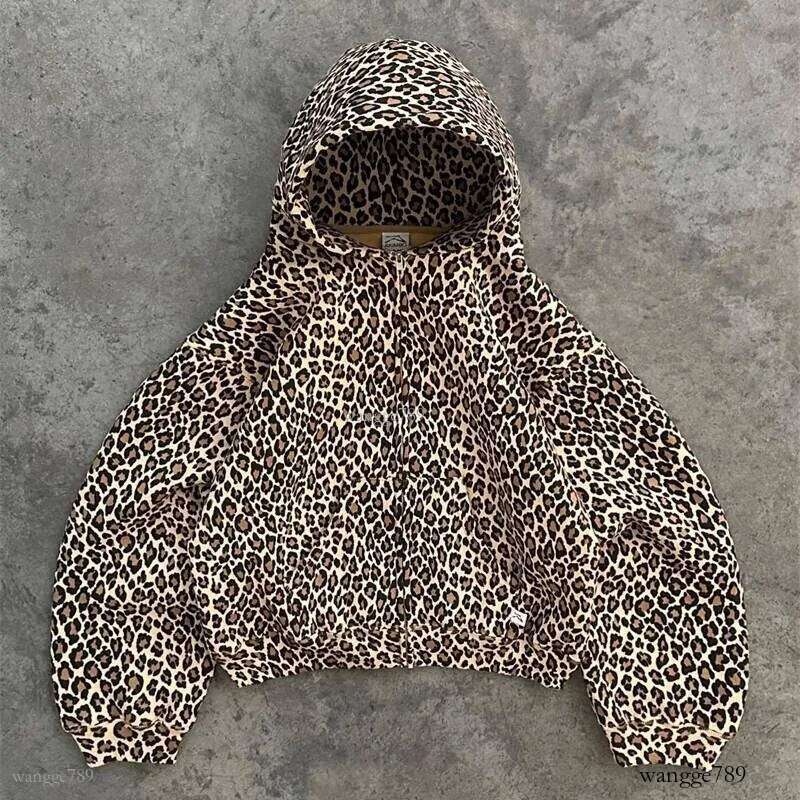 Y2K Retro Leopard Pattern Zip Up Hoodie Men Harajuku Hip Hop Zipper Sweatshirt High Street Oversized Unisex Streetwear 240808