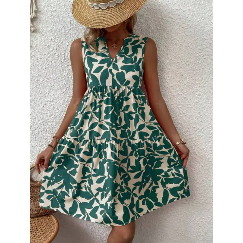 Women V Neck Sleeveless Floral Print Mini Party Dress Summer Fashion Boho Beachwear Holiday Pleated Dresses YED-X2432 dongdumaoyi