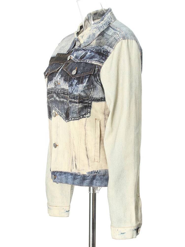Blue Printed Big Size Casual Denim Jacket New Lapel Long Sleeve Women Coat Fashion Tide Spring Autumn 2025 7Ab4540