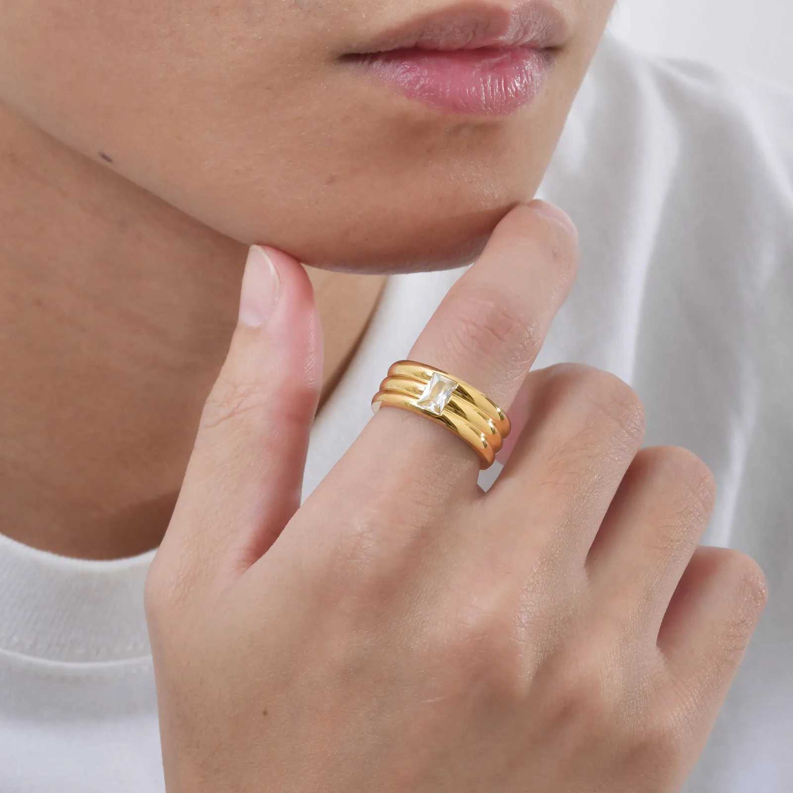 Vnox Three-layer Rectangular White Zircon Golden Ring Stainless Steel Engagement Rings for Men Women Thick Band Anniversary Gift S250716