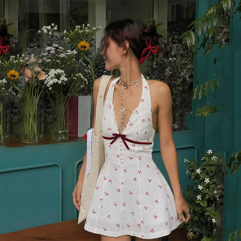 2025 INS European and American Style 2024 Summer New Sweet Spicy Deep V Button Backless Cherry Print Waist-Cinching Halter Dress for Women