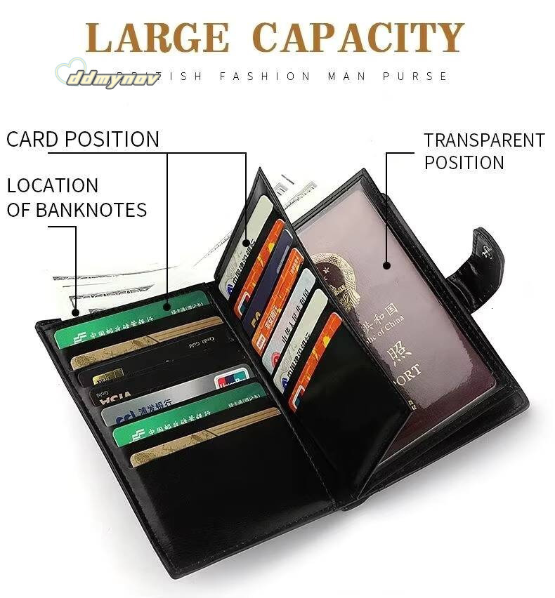 High Capacity Mens Passport Leather Wallet Multiple Slots and A Clear ID Window Vintage Business Card Bag ddmynov
