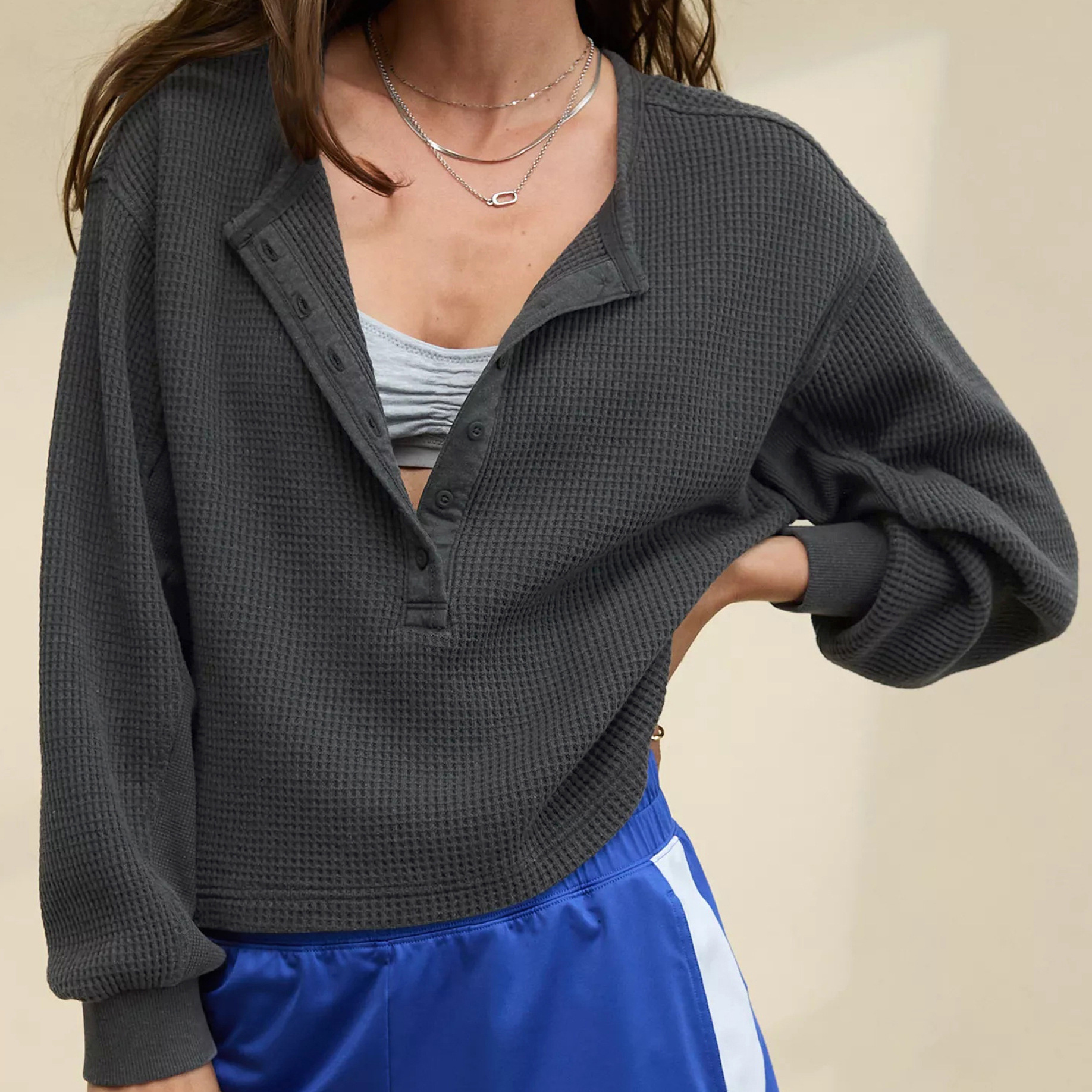 new Free shipping designer hoodie for women Button waffle loose casual commuting lazy feeling hoodie top women clothing