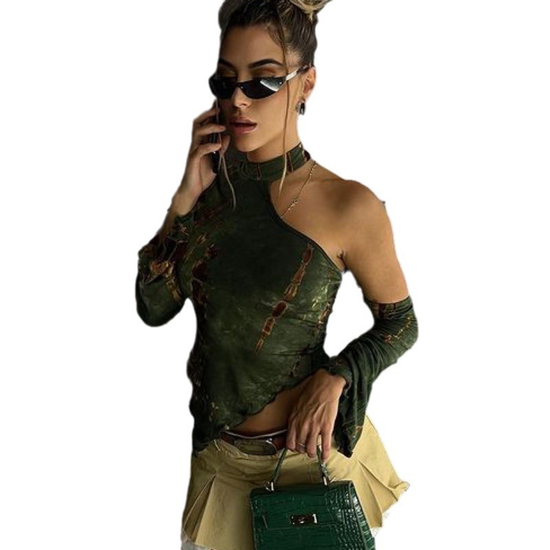 Summer New Women S T Shirt Spring New Fashion Printed Halter Neck Asymmetric Slim Fit Short T Shirt For Women Wholesale New Designer T Shirt
