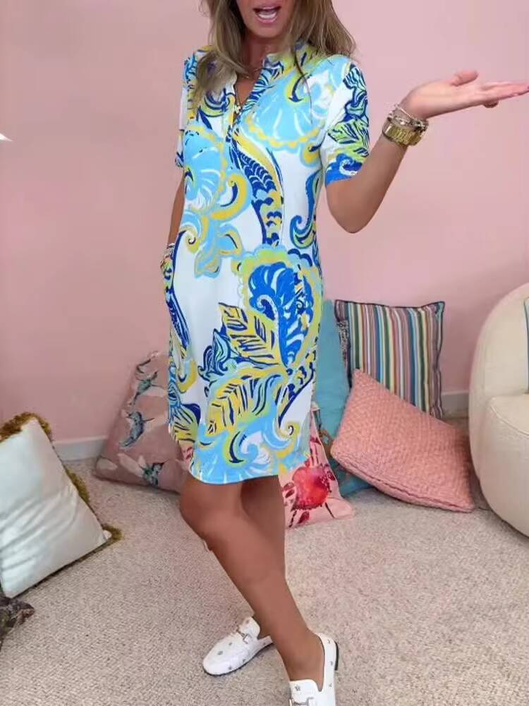 Summer Loose V-neck Short Sleeve Fashion Casual New Print Elegant Beach Party Dress Womens Clothing dongdumaoyi