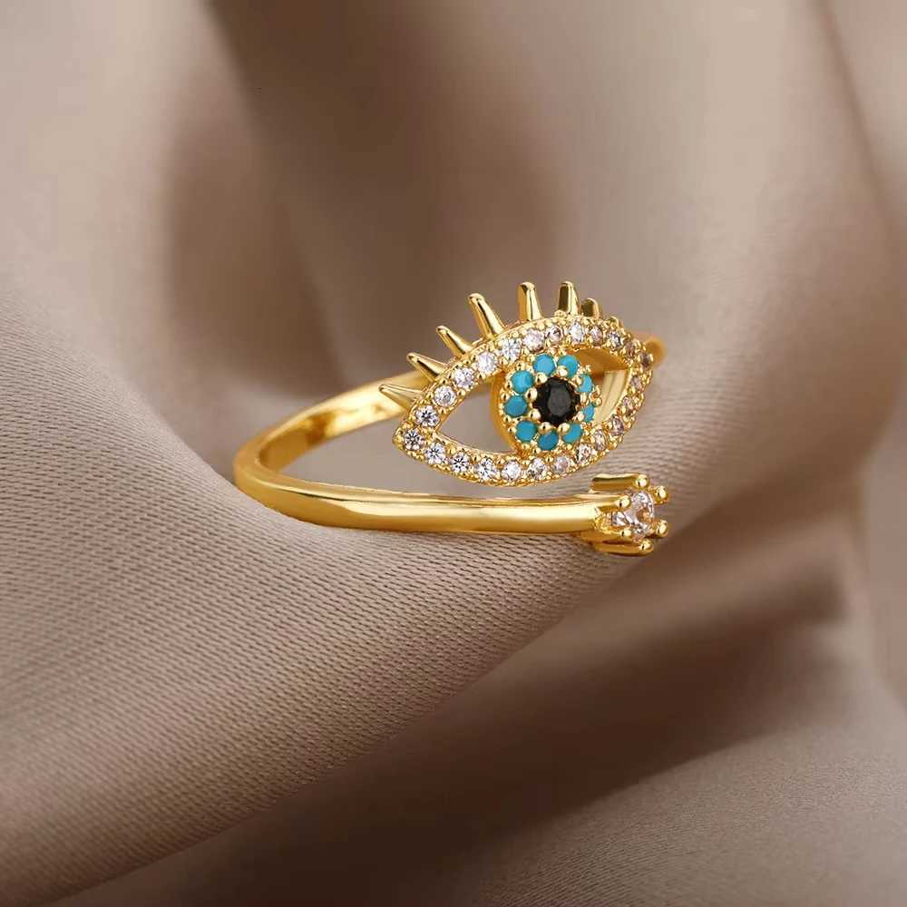 Stainless Steel Zircon Geometric Rings For Women Luxury Evil Eye Gold Color Adjustable Trendy Wedding Aesthetic Jewerly Gift S250716