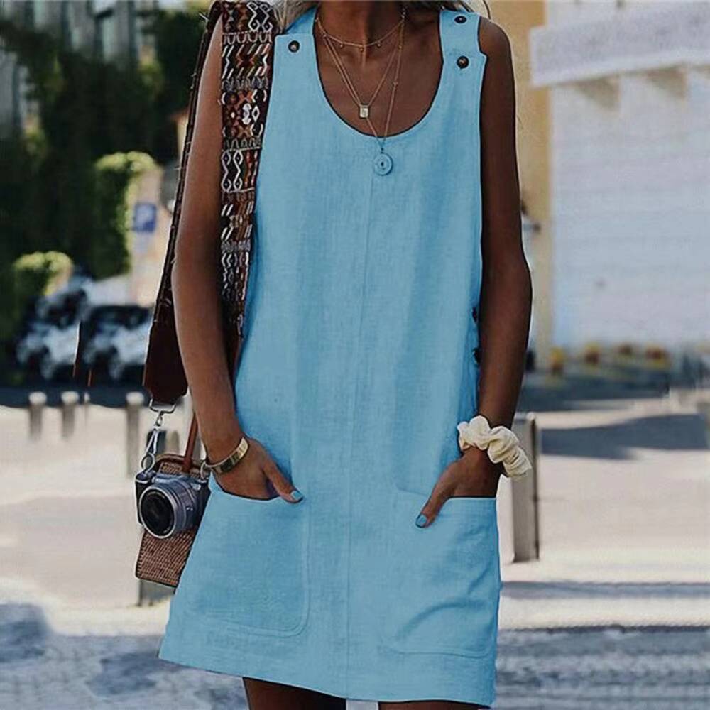 Women Summer Mini Dress Sleeveless Casual Dresses Beach Pocket Button Sundress women vestido de m dongdumaoyi