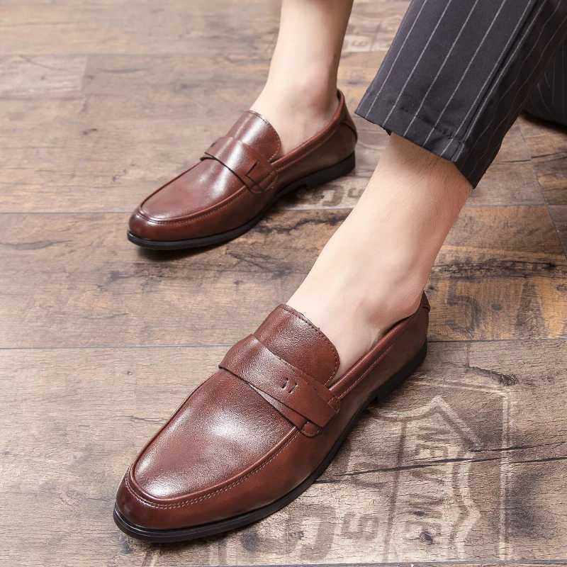 Slip on New Mens Loafers Comfortable Daily Gentleman Style Work and Office Flat Bottomed Leather Shoes Brown Lightweight W250716