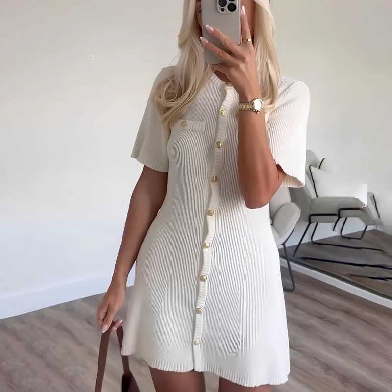 White Elegant Knitted Mini Dress For Women Metal Button Sexy Slim Rib Sweater Dress Holiday Party Outfits Autumn 2024 New R250716