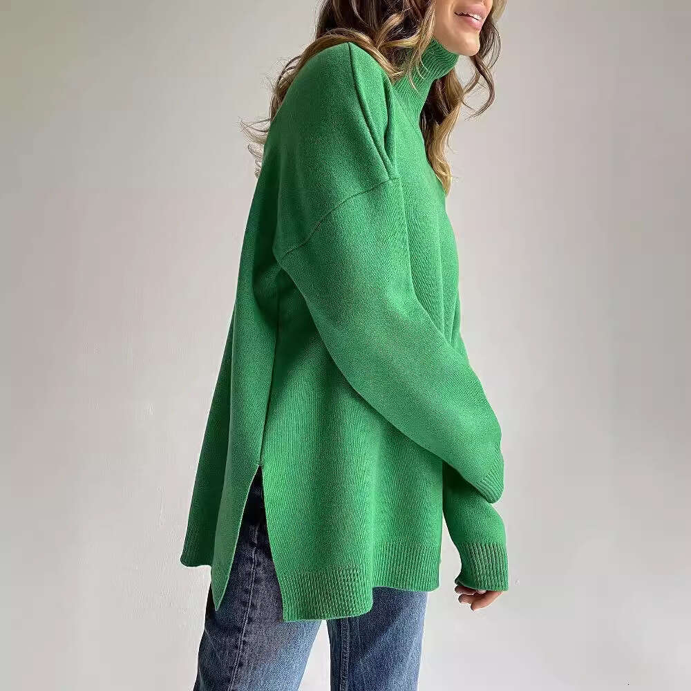 Turtleneck Women Autumn Winter New Casual Style Split Loose Solid Color Knitted Sweater B5