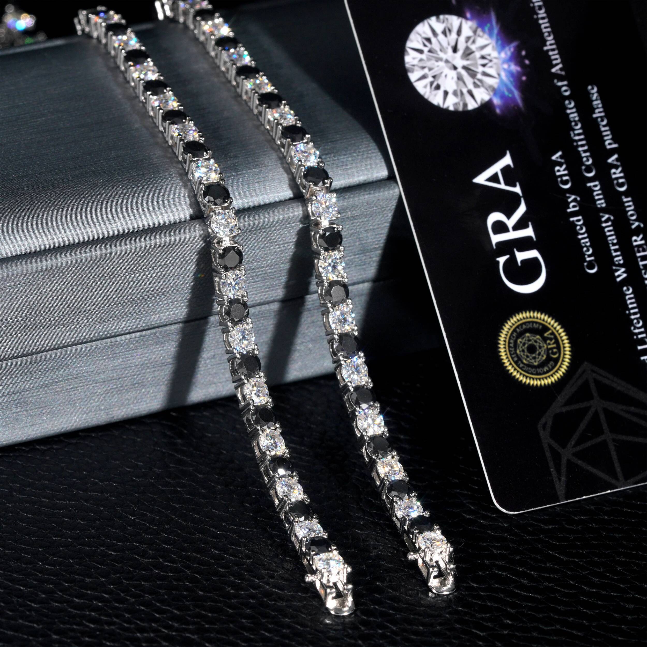 4mm S925 Silver Black and White Moissanite Bracelet with GRA Certificate Hip Hop Single Row Tennis Chain Accessories Jewelry