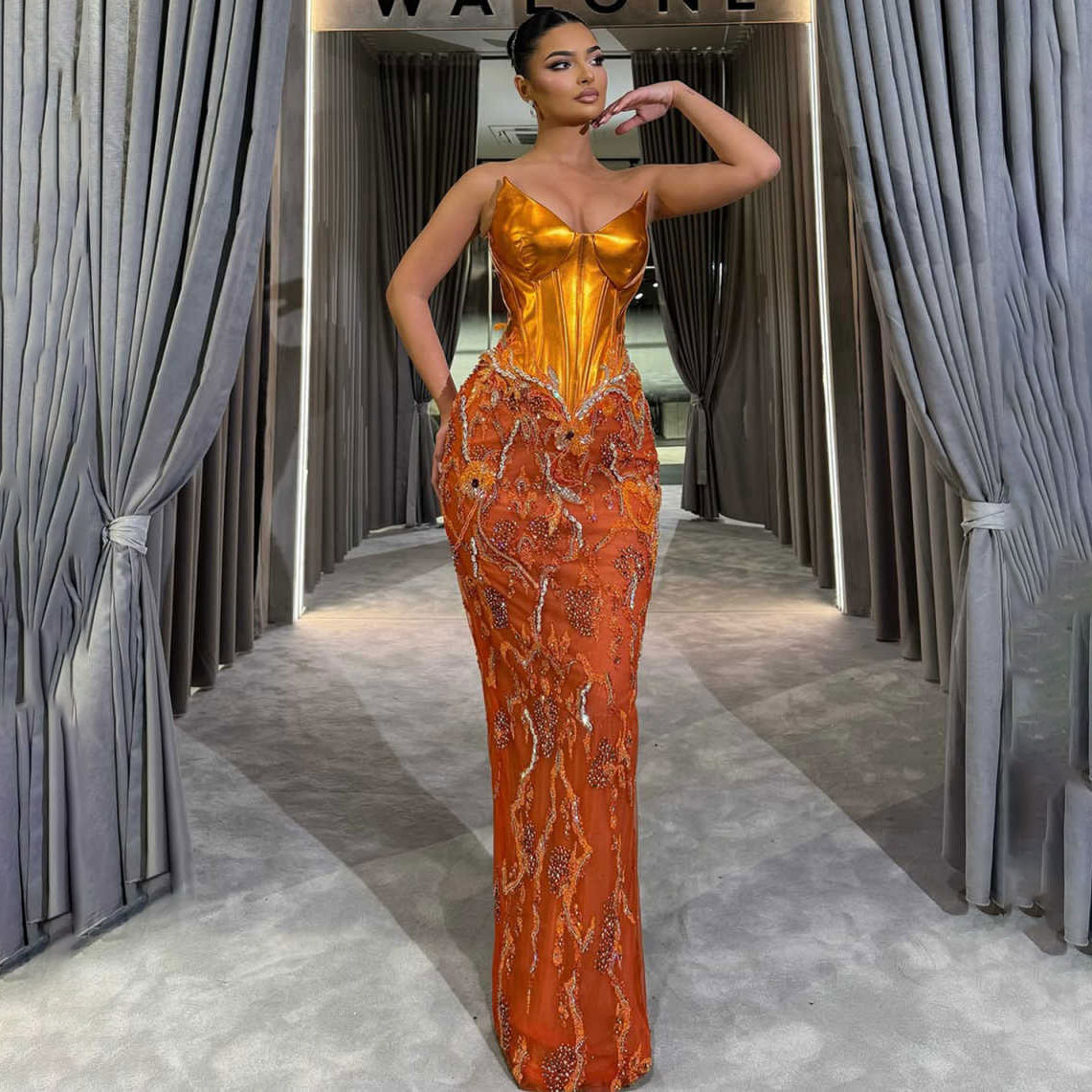 Shine Prom Dress Sequined Appliques Prom Gowns Full Sleeve Split Satin Evening Dress Beads Robes De Mariee Plus Size vestido de novia Customized