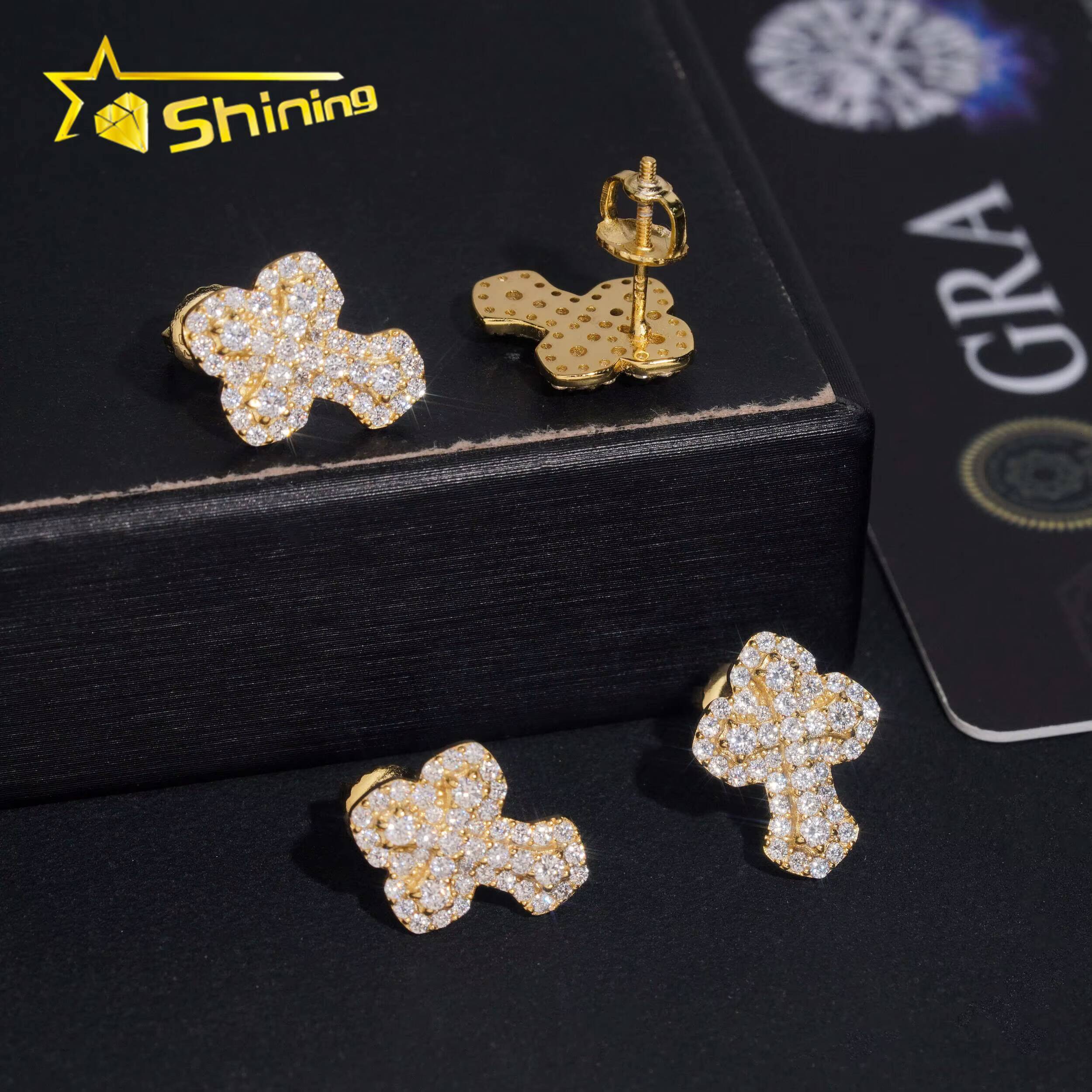 Fast Shipping Hip Hop Jewelry 925 Sterling Silver Gold Plated VVS Diamond Iced Out VVS Moissanite Cross Stud Earrings