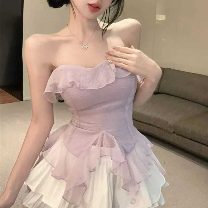 Women Sexy Off Shoulder Ruffle Asymmetrical Blouses Summer Sweet Chic Sleeveless Chiffon Shirts Solid Slim Fit Fairy Party Tops R250716