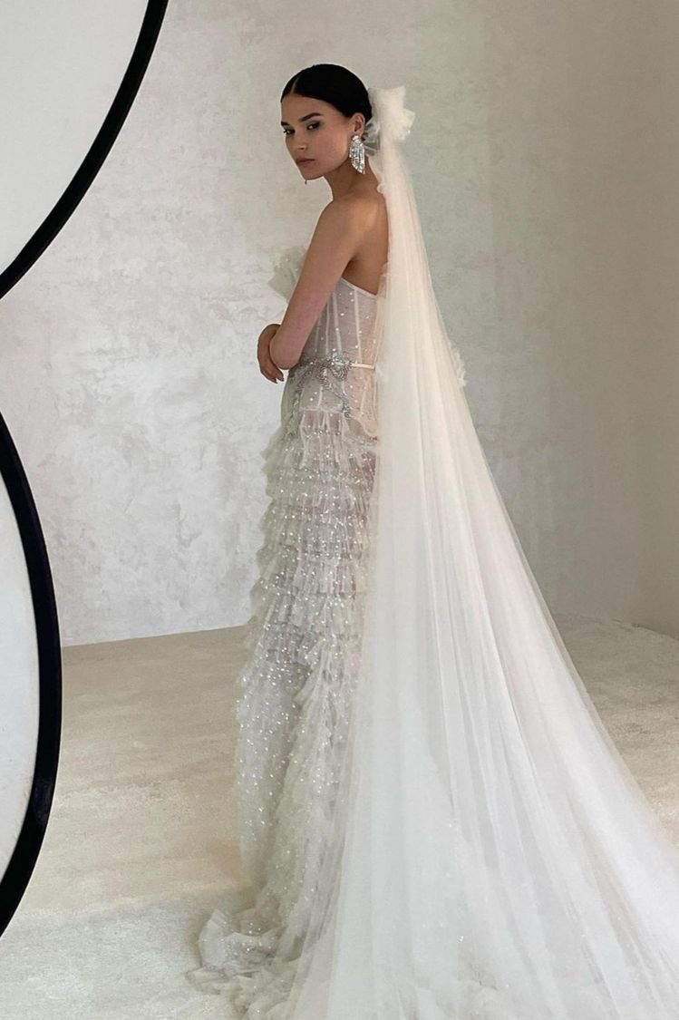 Mermaid Style Dresses, Strapless Tulle Wedding Dress With Tiered Skirt, Sequins, And Bow Knot Detail - Elegant Bridal Gown Bc20899 B0312