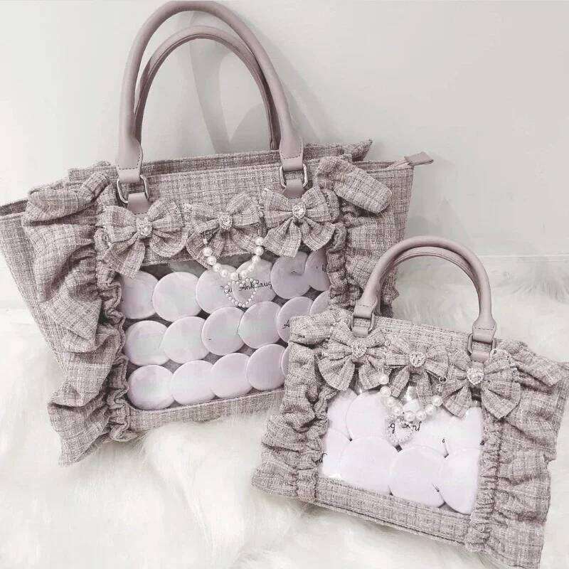 Sweet Y2k Aesthetic Transparent Bow Ita Bag Casual Chic Ruffle Fashion Women's Handbags All Match Kawaii Shoulder Crossbody Bags