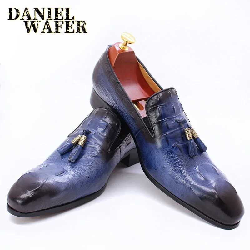 Fashion Men Loafers Shoes Crocodile Prints Tassels Loafers Natural Color Blue Red Shoes Casual Dress Summer Mens Leather Shoes W250716