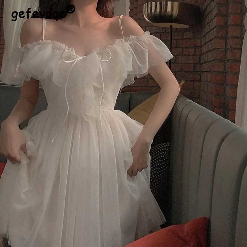 Women Sexy Mesh V Neck Lace Up Sweet Kawaii Japanese Fairy Party Elegant Dresses Summer Fashion Ruffle White Short Sleeve Dress R250716