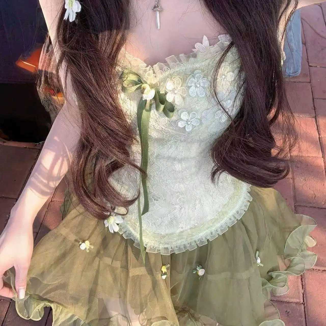 Sweet Princess Skirt Set Fairycore Mesh Mini Skirt Floral Embroidered Corset Tops Y2K Aesthetic Fashion 2 Piece Set Chic R250716