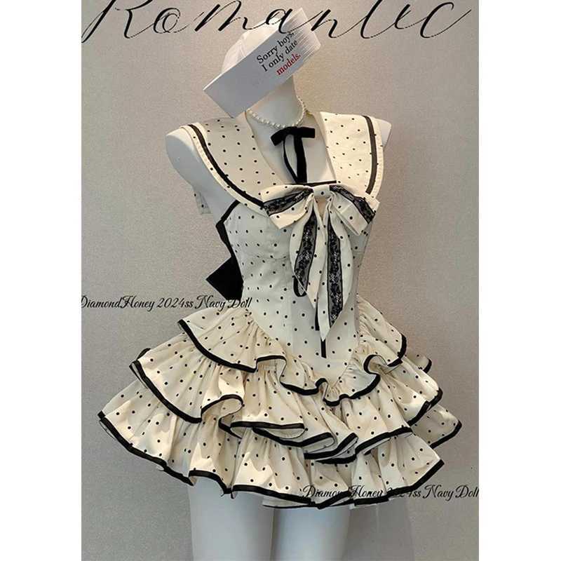 Japanese Kawaii Polka Dot Mini Dress Women Preppy Bow Ruffles Dresses Summer Y2K Lolita Sailor Collar Backless Bodycon Vestidos R250716