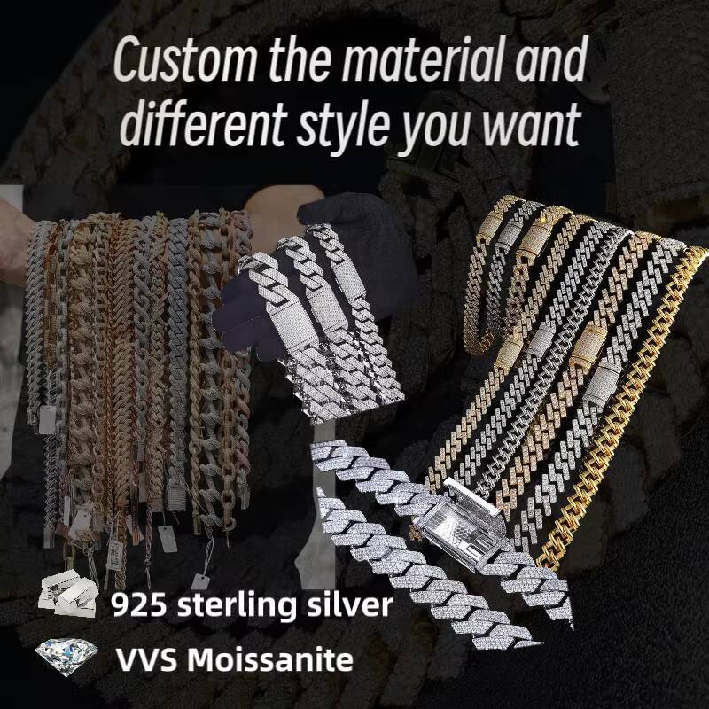 Hip Hop Moissanite Cuban Chain Straight Angle15MM 2 Rows S925 Custom Cuban Link Chain Necklace