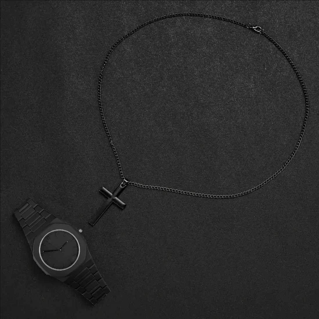 2PCS Mens Sets Fashion Casual Sport Black Resin Quartz Bracelet Y250715