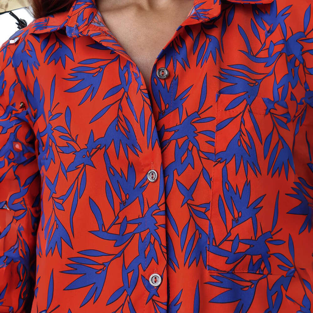 Summer Fashion Casual Orange Bamboo Leaf Printed Shirt Shorts Set B5