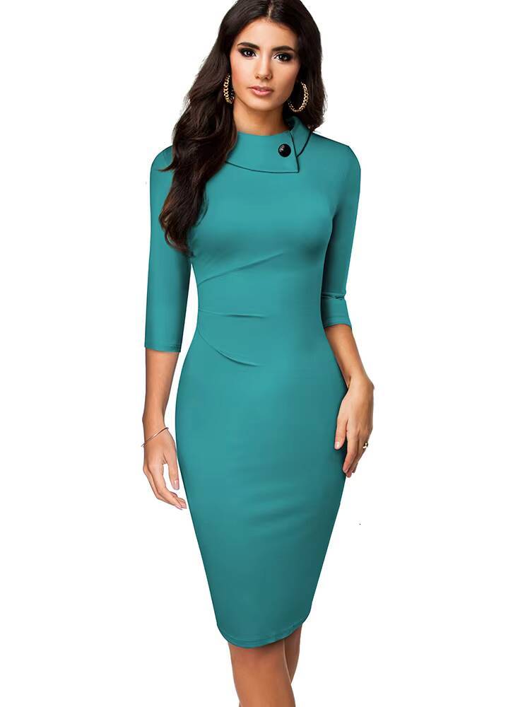 Nice-forever Vintage Elegant Pure Color with Button Office Work vestidos Business Formal Bodycon Women Pencil Dress B574 dongdumaoyi