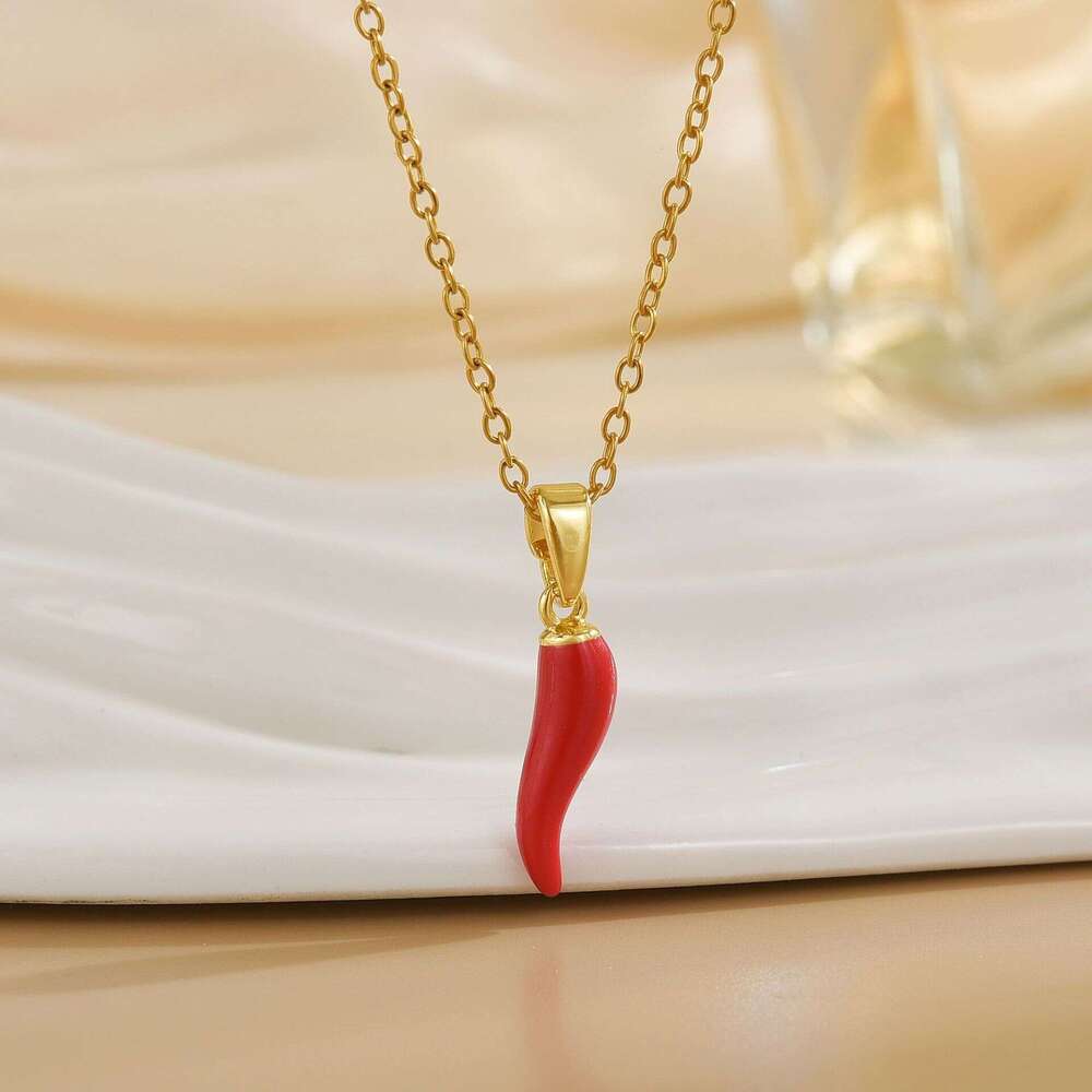 Minimalist Style Stainless Necklace For Women, Unique Red Oil Water Wave Pendant, Smooth Chili Pepper Titanium Steel Collarbone Chain 162