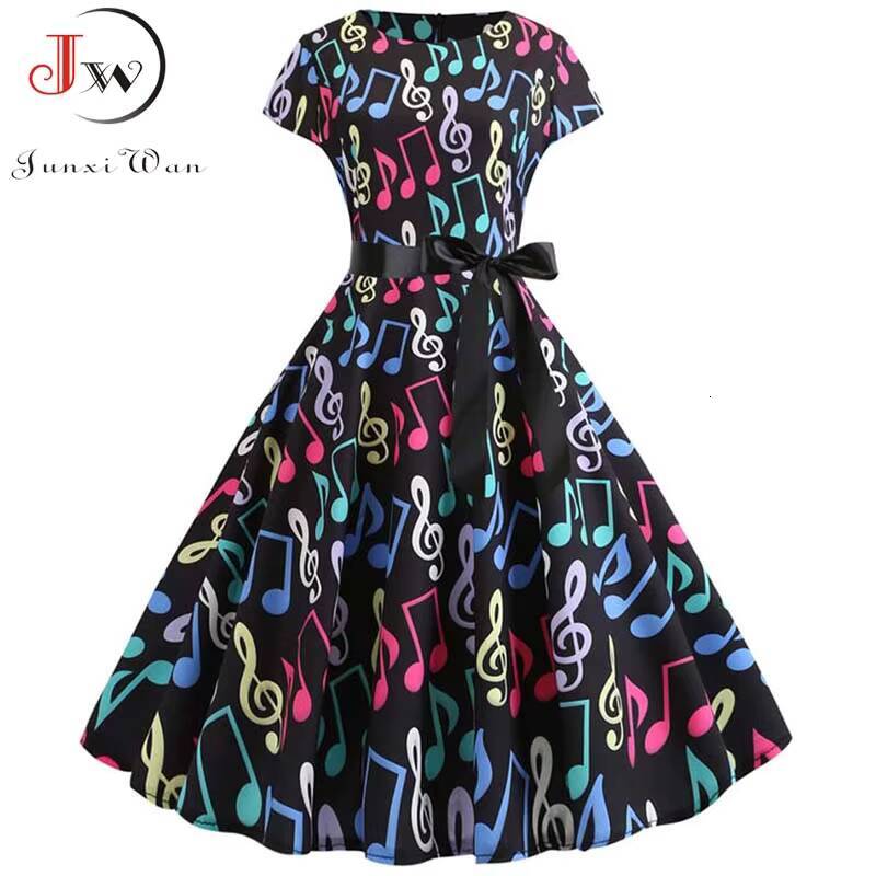 Women Summer Music Note Print Dress 50s 60s Robe Retro Swing Casual Vintage Party Dresses Vestidos dongdumaoyi