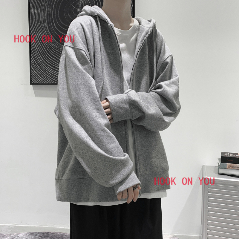 US Size Zipper Autumn Hooded Sweatshirt Men's Hoodie Cardigan Solid Color Classic Jacket