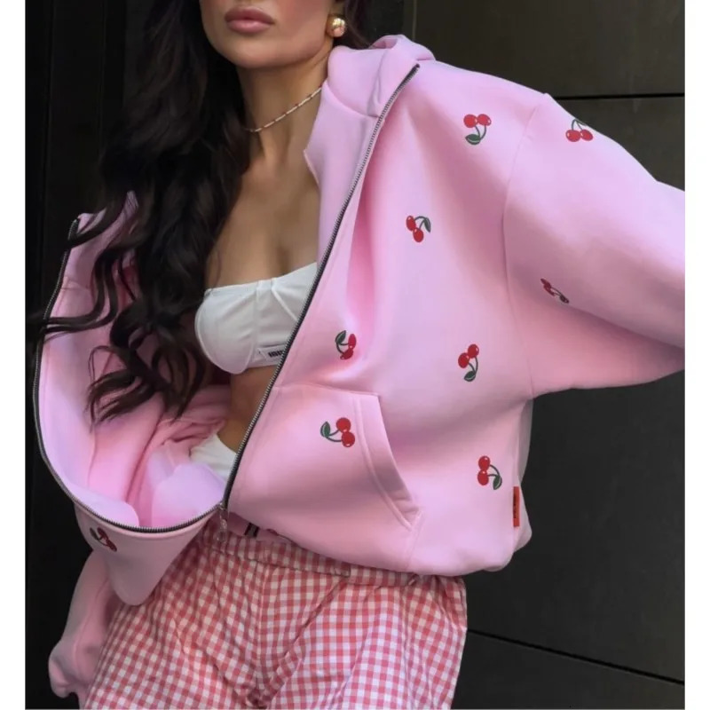 Womens Cherry Printed Sweatshirt Jacket 2025 Autumn Street Style Fashion Trendy Loose Versatile Sports Hoodie Female 250715