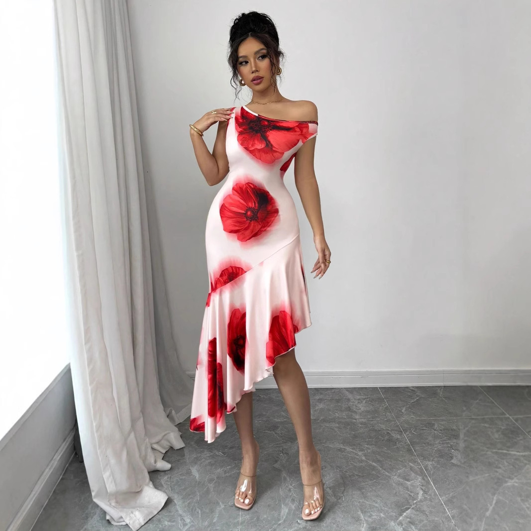 2025 Amazon Hot-Selling Elegant Asymmetric Fit Hibiscus Floral Positioning Print Dress