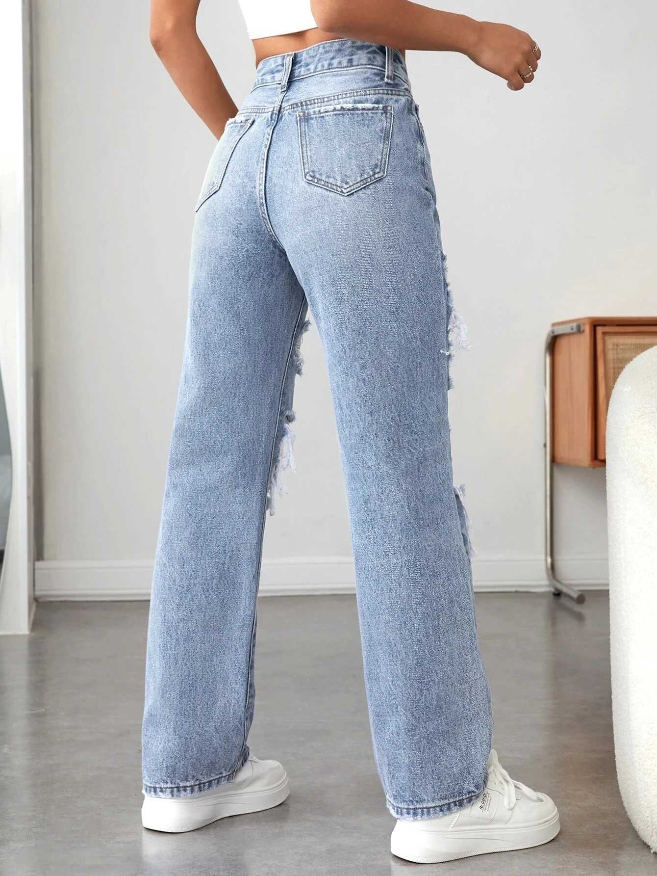 Womens wide-leg pants ripped Denim pants loose comfortable all-match R250716