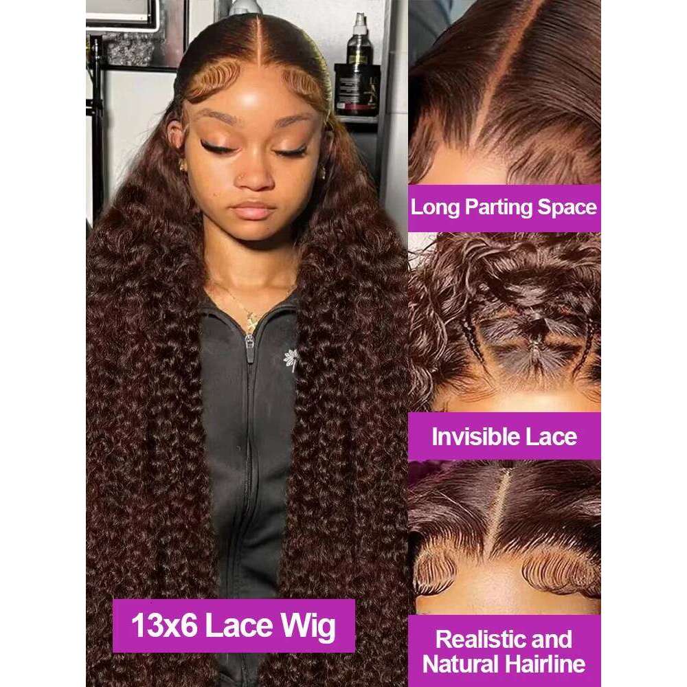 300 Density Chocolate Brown Deep Wave Front Human Hair 40Inch Color Hd Lace Frontal Wig For Women 13x6 Water Curly Wigs