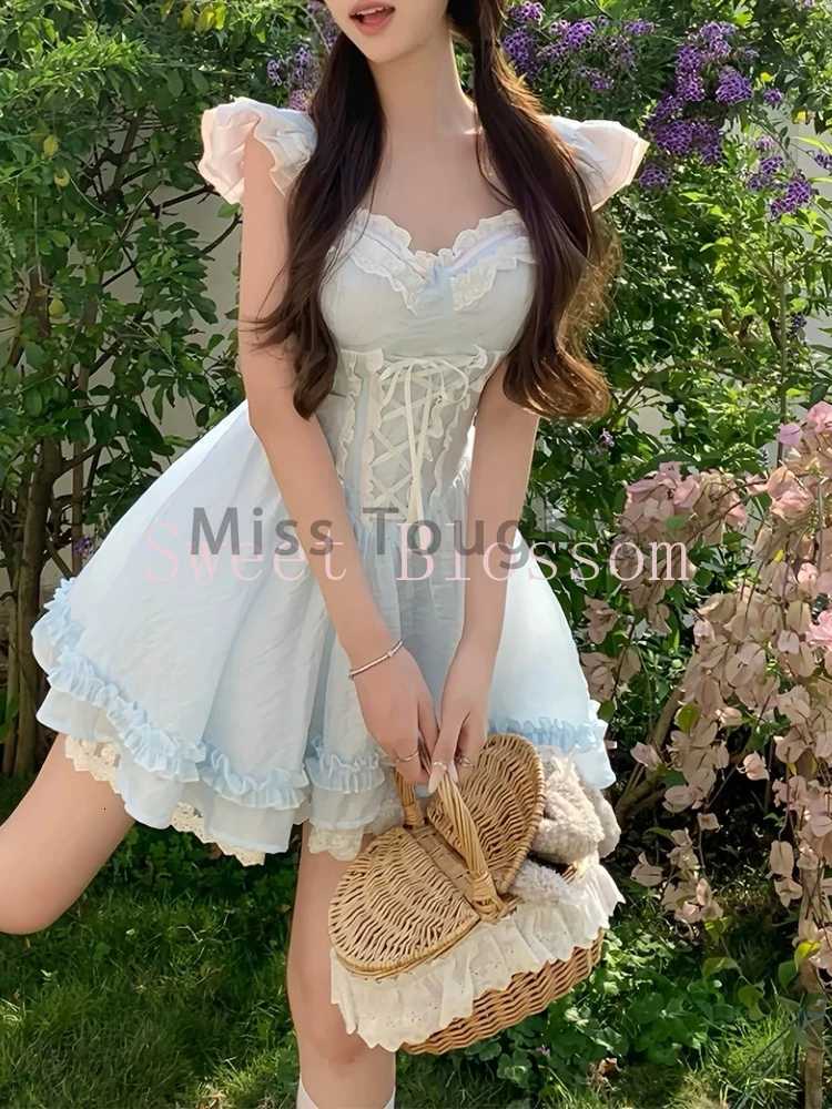Korean Sweet Lace Stitching Fit Chic Dress Women New Harajuku Kawaii Fairy Slim Summer Dresses Aesthetic Fashion Lovely Outfit R250716