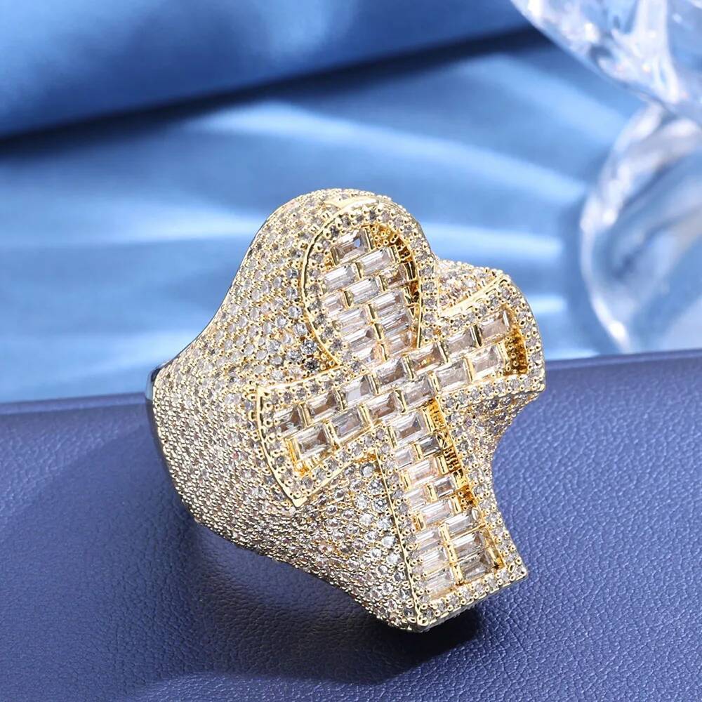 HHIOK Mixed Diamond Set Ankh Cross Ring Hip Hop Style Sparkling Fully Iced Cuban Ring Jewelry for Men