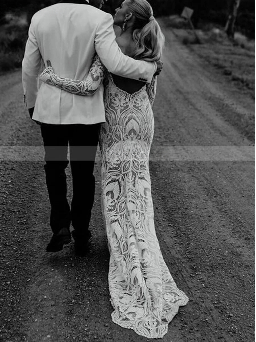 Boho Full Lace Wedding Dresses Sexy Appliques Sheath Long Sleeve Backless V Neck A Line Bridal Gown Sweep Train Custom Made Color/Size