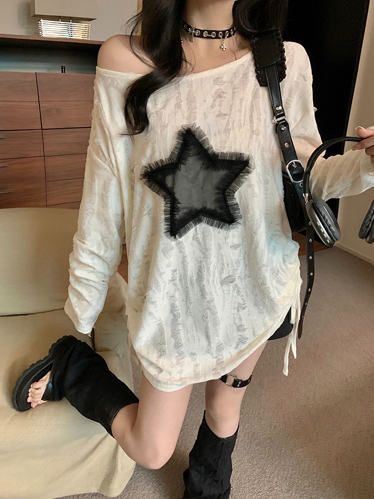 Summer New Women S T Shirt Spicy Girl Lazy Ripped Off Shoulder Long Sleeve T Shirt Women S Autumn Star Design Loose Drawstring Mid Length Top New Desi