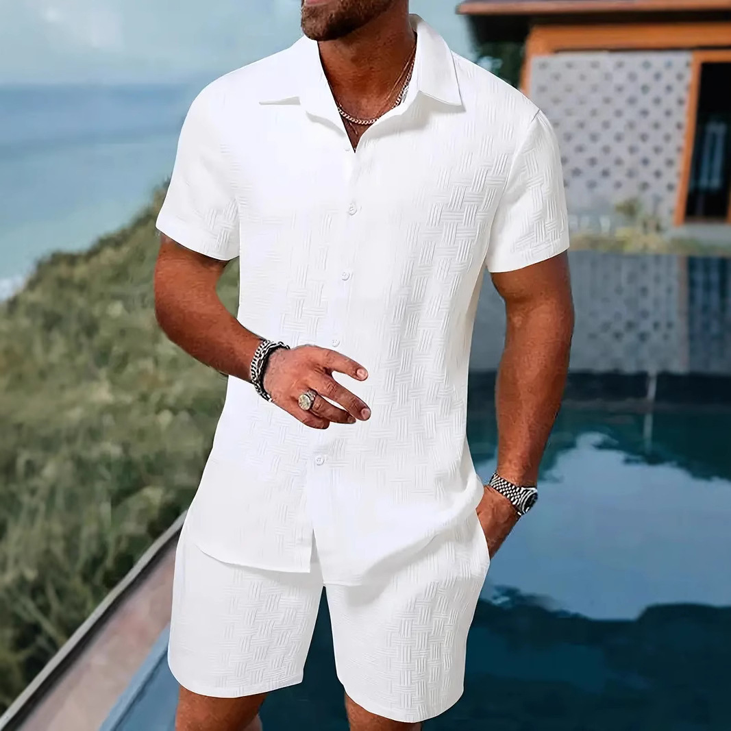 Manfinity Homme Men Solid Button Up Shirt & Shorts Set, Vacation Plain Husband Casual Clothes