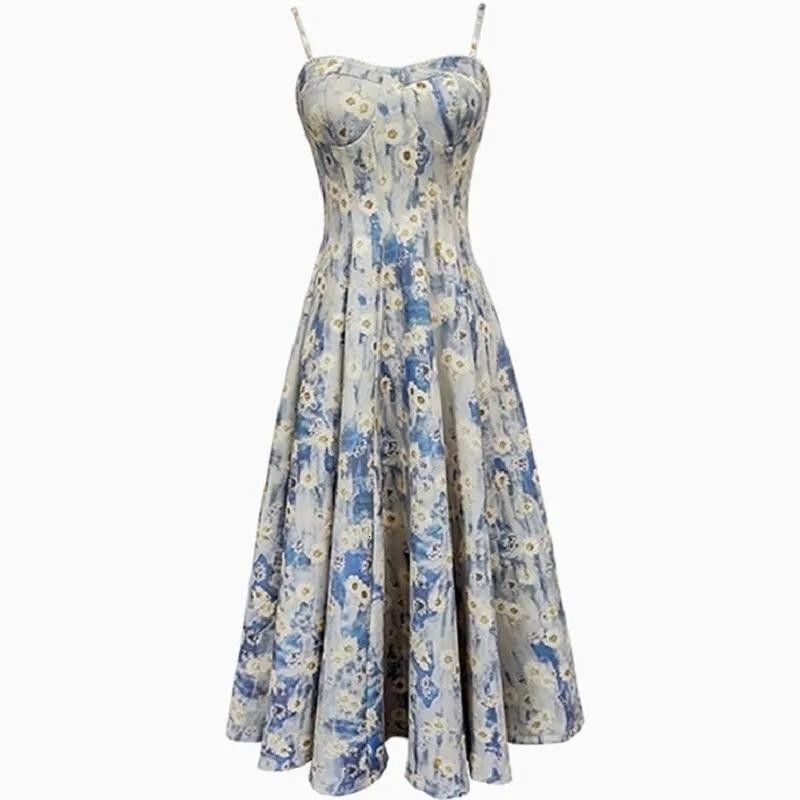 2025 2024 Summer New French Style Blue Oil Painting Design Fairy Floral Strap Dress for Women Gentle Waist-Cinching Long