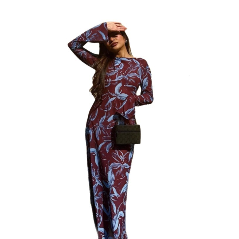 2025 Cross-Border European and American Women's Fashion New Round Neck Elegant Printed Long Floor-Length Slim Dress for Women