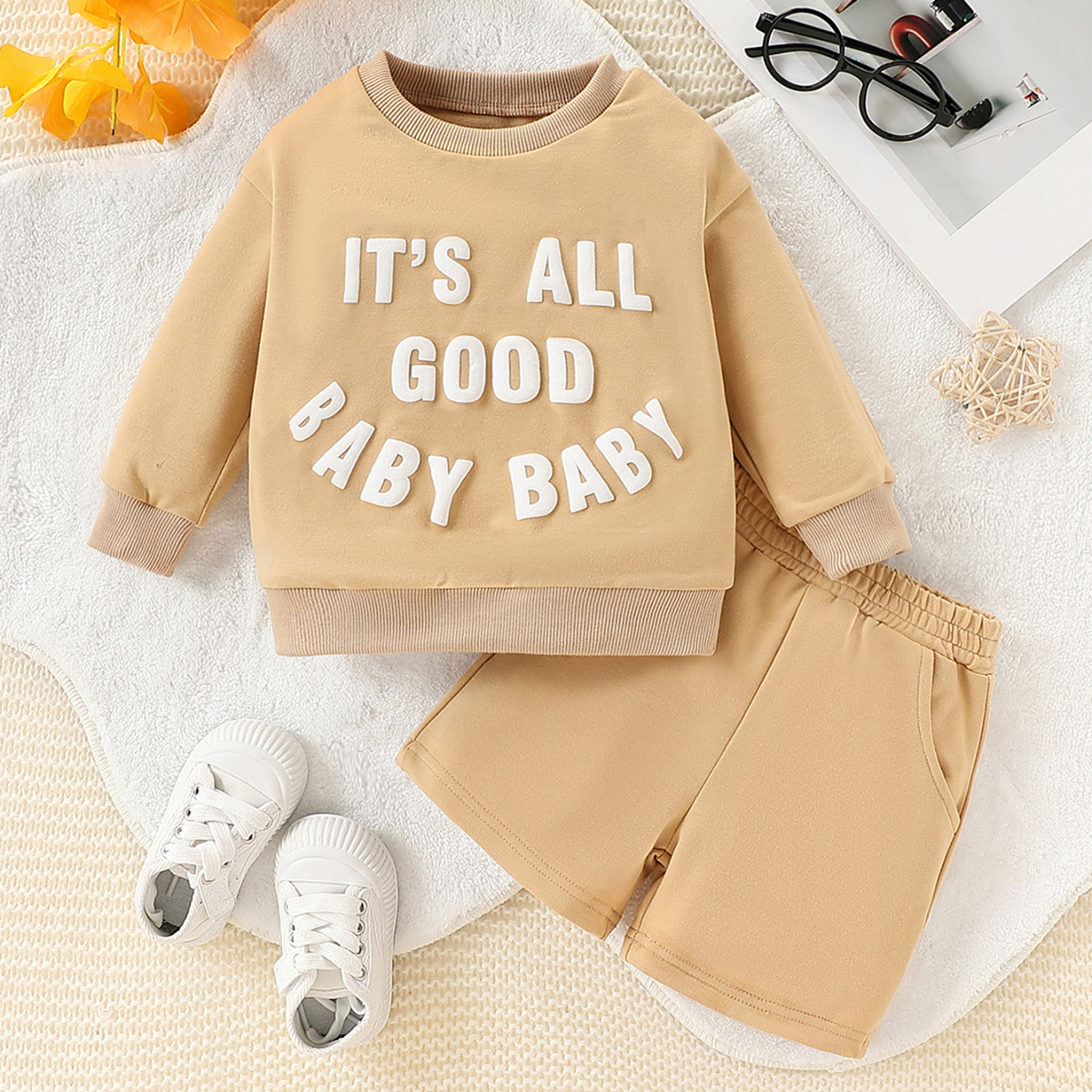 2-piece set of fashionable and casual street style letters, three-dimensional printed ribbed round neck sweatshirt and shorts suitable for autumn and 
